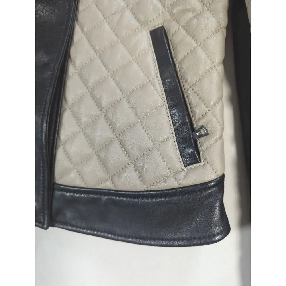 BCBGMAXAZRIA Jacket XS Black Beige Quilted Lamb Leather Moto Biker Womens